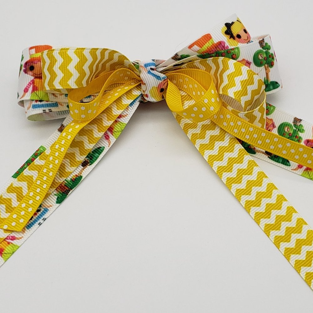 3 Layer La La Loopsy Grosgrain Ribbon Hair Bow Yellow Chevron and Polka Dots - Picture 2 of 5